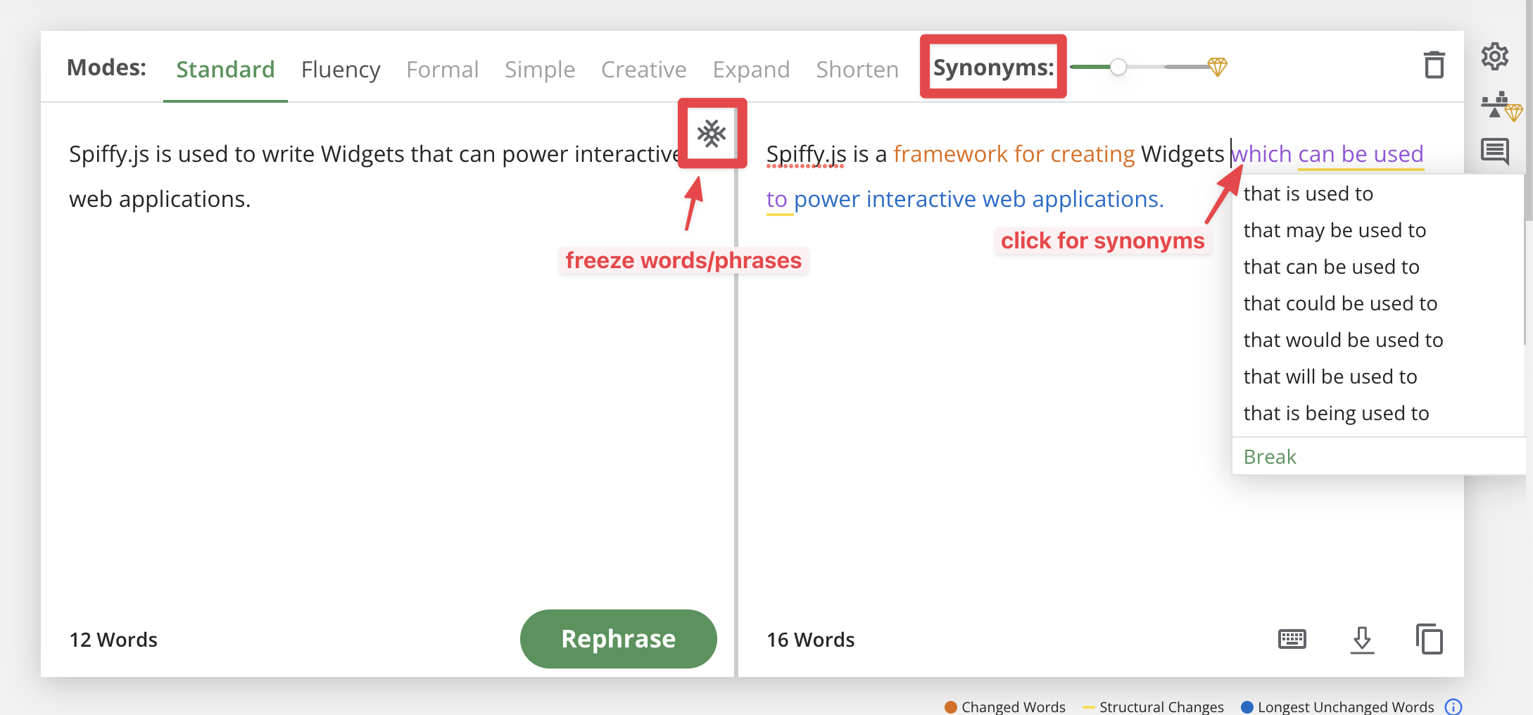 Quillbot's sentence tweaking features: freeze, synonyms, and click thesaurus
