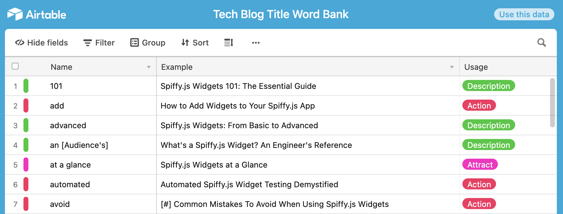 A screenshot of the Airtable containing the tech blog post word bank